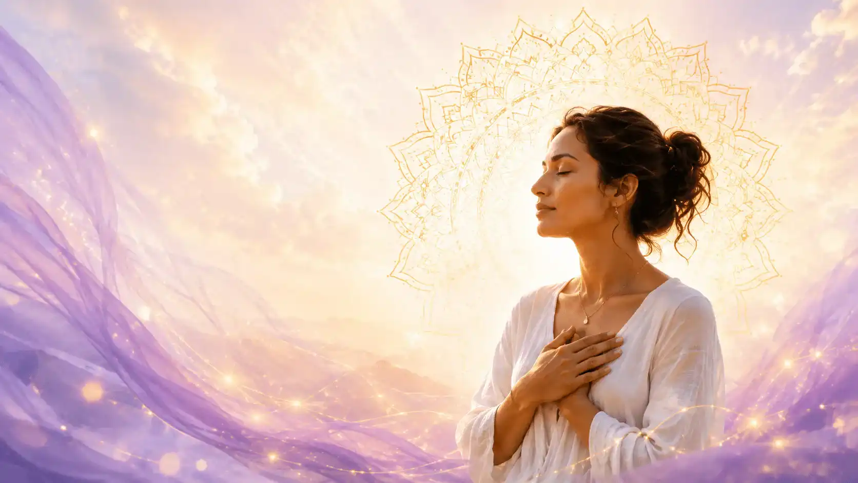 Peaceful person with hands over heart in soft violet and gold light