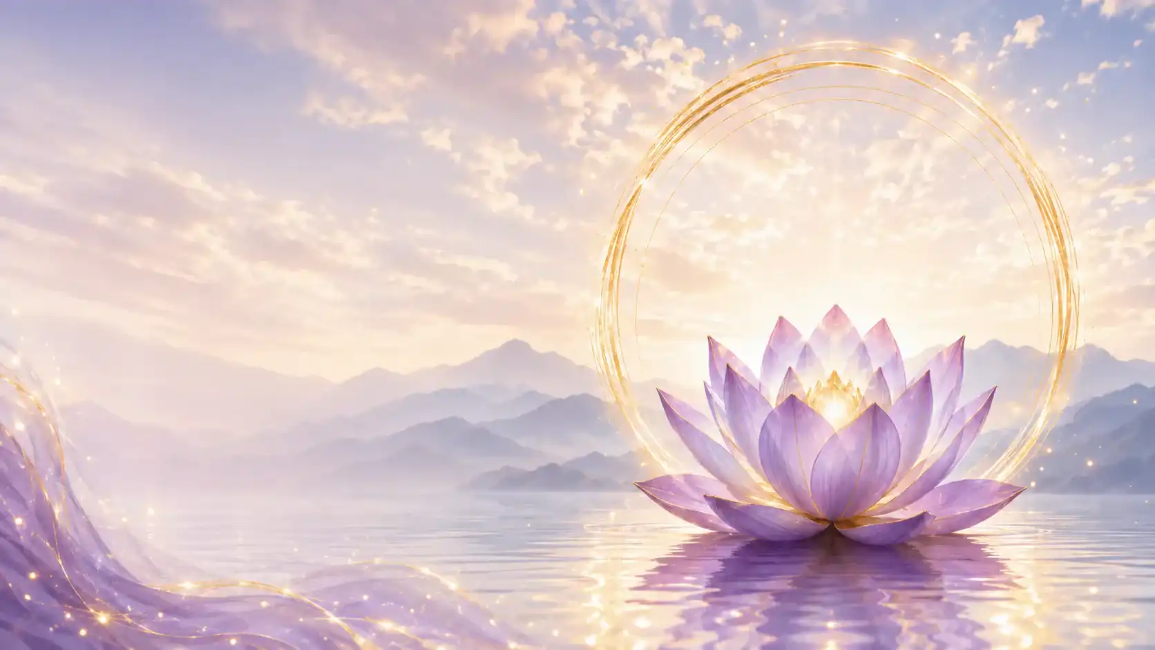 Glowing violet lotus over peaceful water with golden sunrise