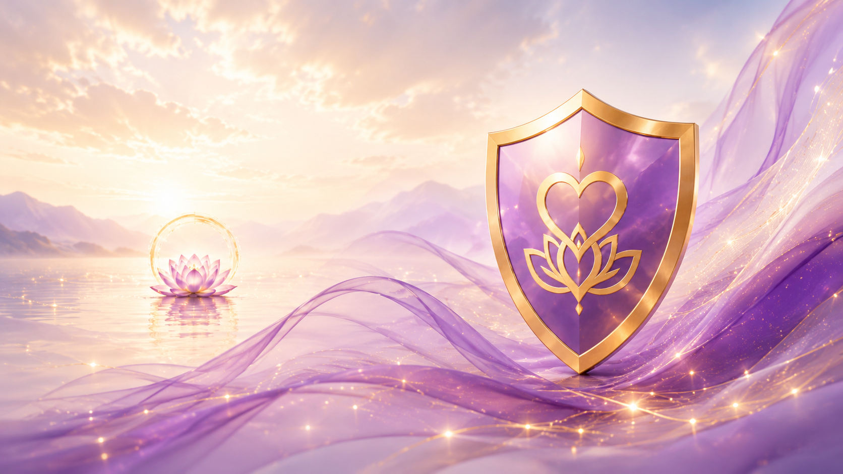 Violet and gold shield with lotus symbol over soft luminous landscape