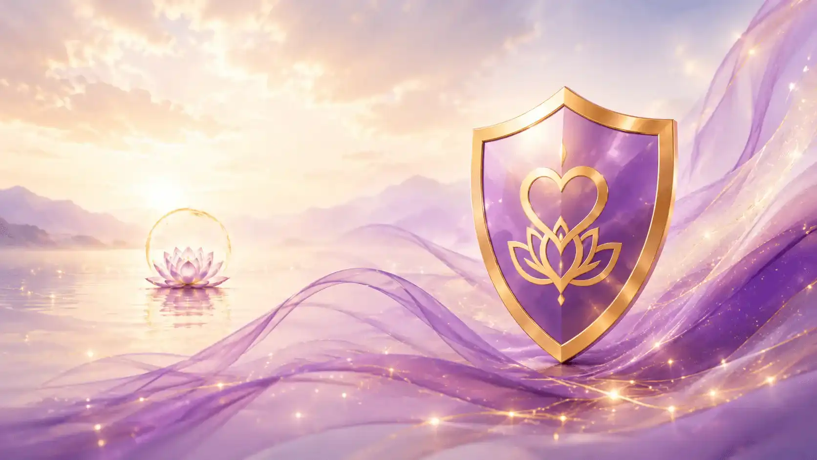 Violet and gold shield with lotus symbol over soft luminous landscape