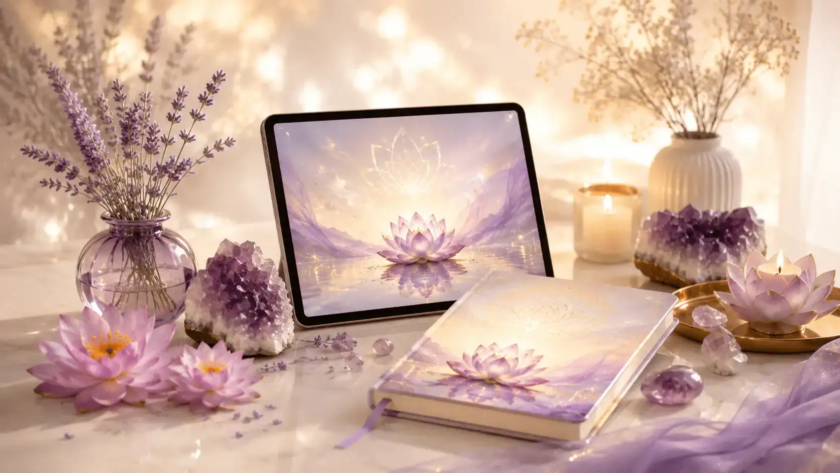 Wellness journal, tablet, lavender, crystals, candles, and lotus elements