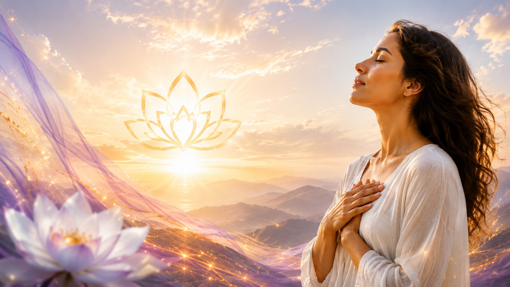 Peaceful person in golden sunrise with violet flowing light and lotus symbolism