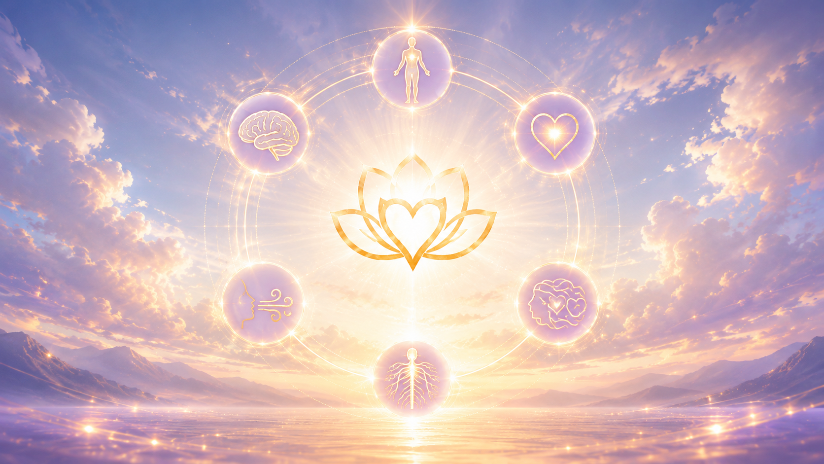 Glowing holistic wellness diagram over peaceful water and sky