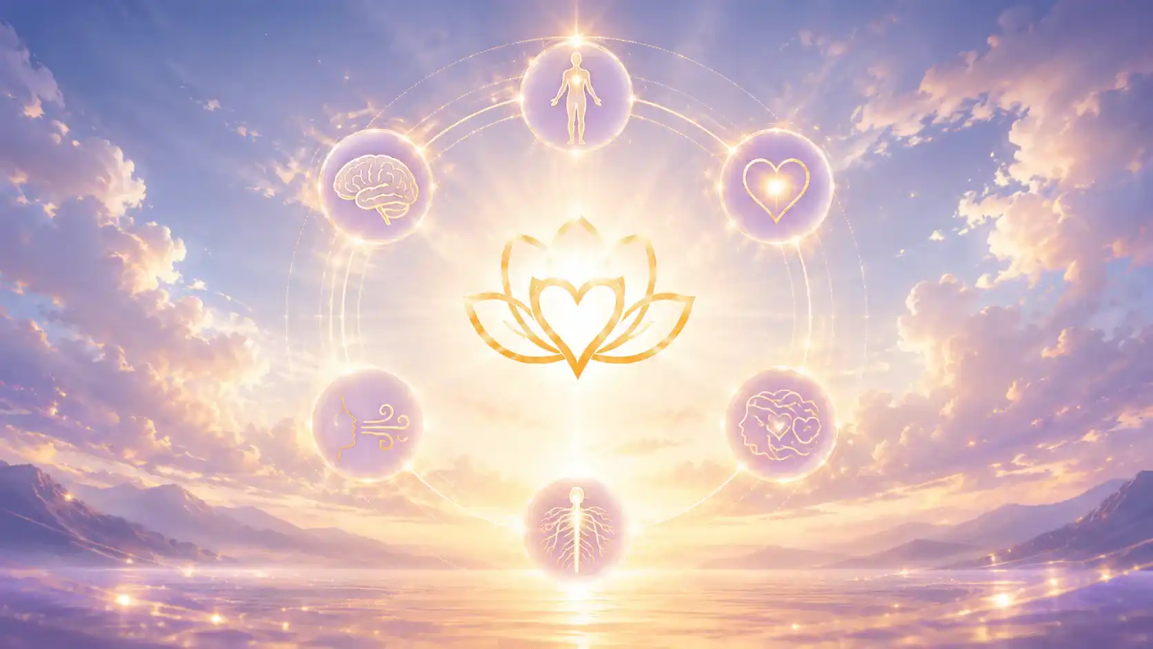 Glowing holistic wellness diagram over peaceful water and sky