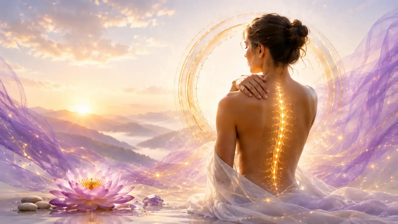 Person with glowing spine surrounded by violet and gold healing light