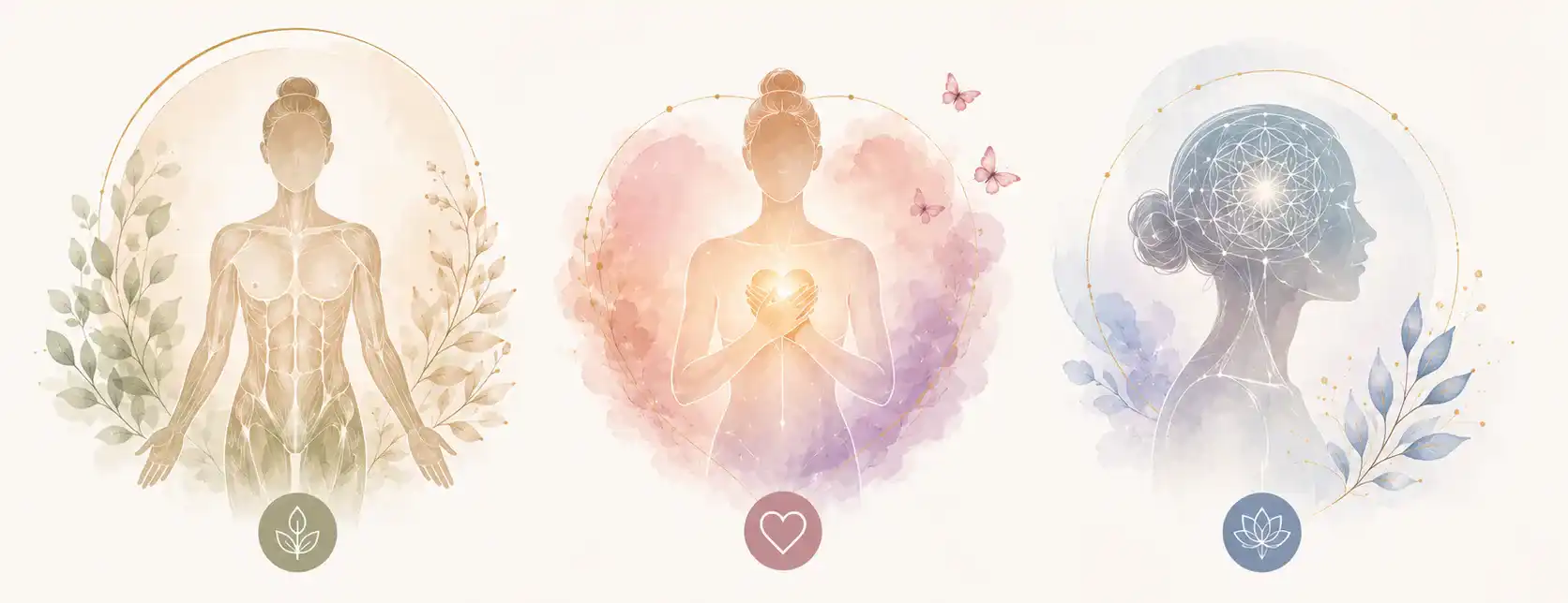 Watercolor illustration representing physical body awareness, emotional heart support, and mental clarity