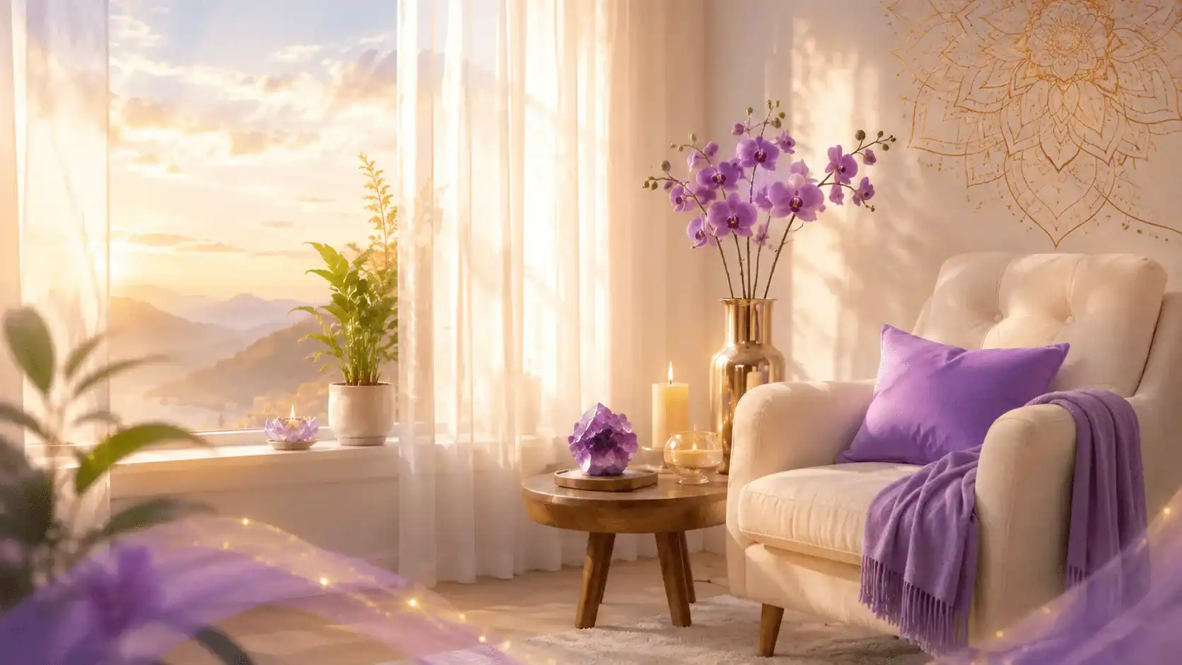Calm wellness room with soft light, orchids, crystals, and violet accents