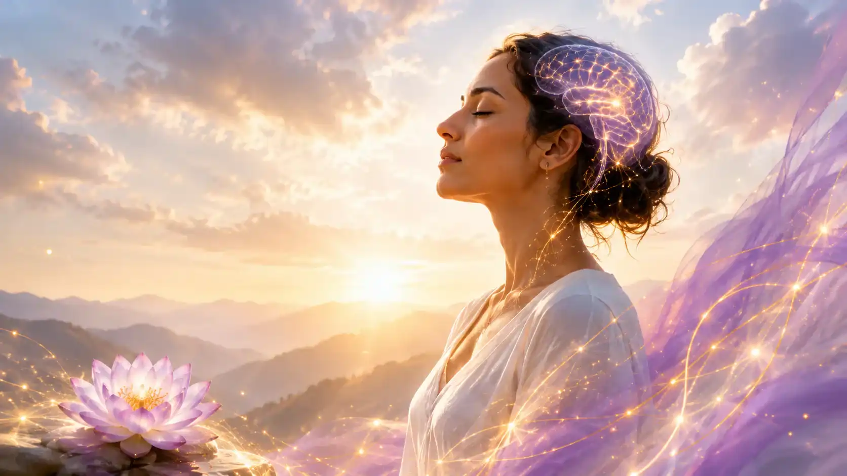Peaceful person with glowing nervous system and brain in gold and violet light