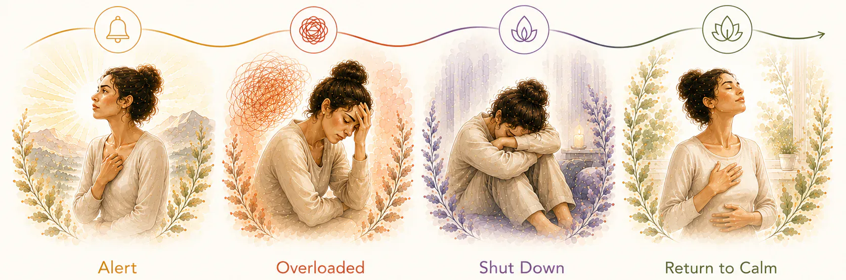 Illustration showing four nervous-system states: alert, overloaded, shut down, and return to calm