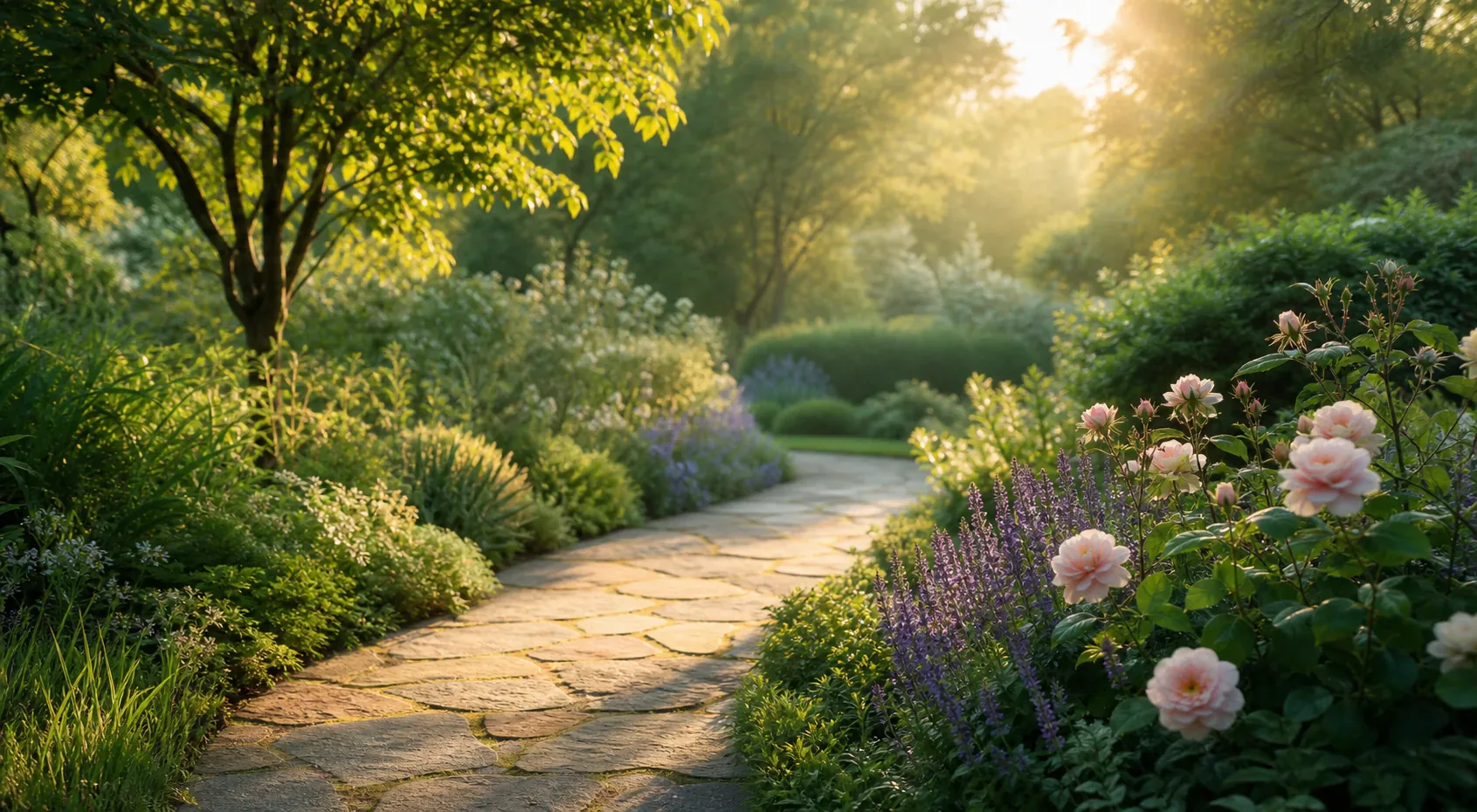 A peaceful garden path curving through flowers and greenery in warm morning light