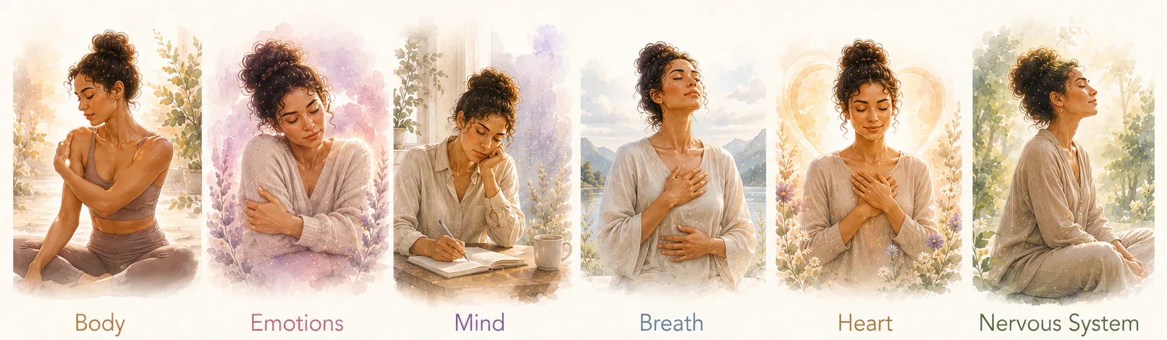Illustrated whole-being support areas: body, emotions, mind, breath, heart, and nervous system
